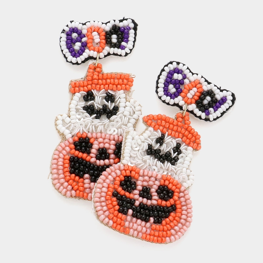 Orange Pumpkin White Ghost BOO Halloween Dangle Earrings Statement Jewelry
